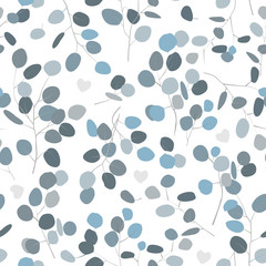 Hand painted seamless pattern with eucalyptus branches and hearts.