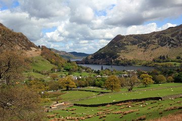 Clear Spring Day With View of the pastoral countryside, fells, and farmland surrounding Glenridding and Ullswater in the Lake District, England