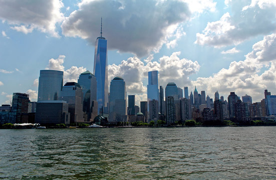 Panoramic image of lower Manhattan skyline from Staten Island Ferry boat, New York City.