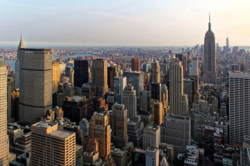 New York, USA - August 6, 2014: Aerial view of Manhattan Skyline and skyscrapers at sunset