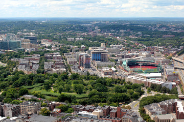 Boston, Massachusetts, USA city skyline aerial panorama view with urban buildings midtown