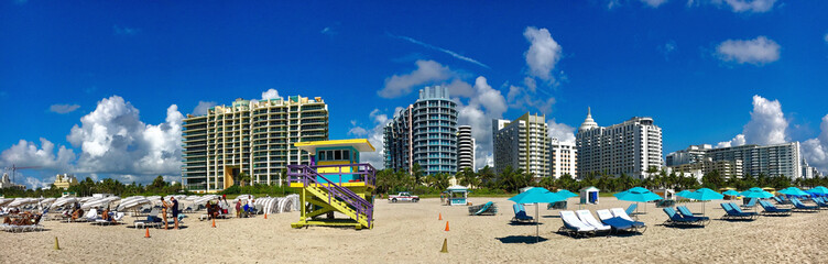 Fototapeta na wymiar Miami beach, Florida, USA - July 16, 2016: Colorful Lifeguard Tower in South Beach