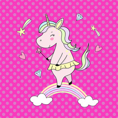 vector drawing pink unicorn on a rainbow with clouds and a pink background