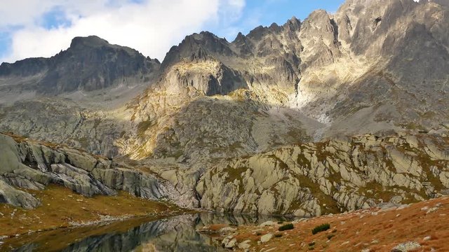 Lomnicky stit, Pysny stit and chata seen from the far side of Nizne Spisske Pleso (High Tatra, Slovakia)