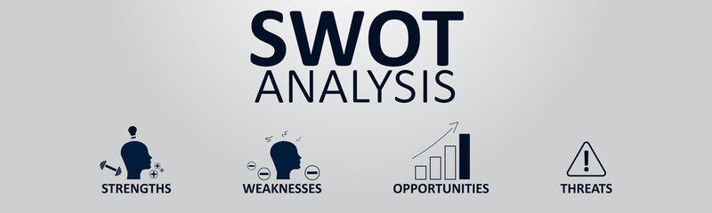 SWOT Analysis Banner Concept. Strengths, Weaknesses, Opportunities and Threats of the Company. Vector illustration with Icons and Text.