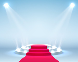 Fototapeta premium Stage podium with lighting, Stage Podium Scene with for Award Ceremony on blue Background, Vector illustration