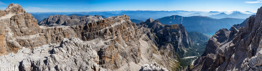 Panoramic view of famous Dolomites mountain peaks, Brenta. Trentino, Italy