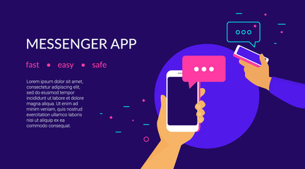 Mobile messenger app for texting messages to friends. Concept flat neon vector illustration of two human hands hold smartphones with speech bubbles on screen, they texting, sharing memes and news