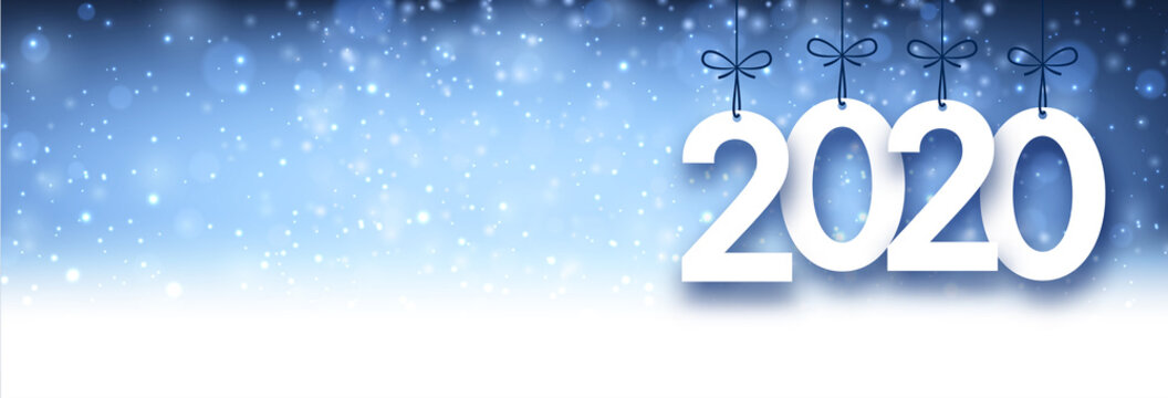 Blue shiny 2020 New Year banner with snow.