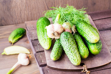 A few fresh ripe cucumbers, dill and garlic on cutting board on a wooden table.