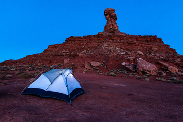 Tent and camping at butte and monument in Valley of the Gods in Southeast Utah