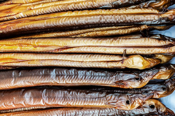 Smoked eels freshly prepared and ready to eat.