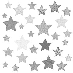 Obraz premium Set of silver stars. Abstract intricate patterns on isolated background. Design for spiritual relaxation for adults. Zen art. Zentangle. Print for polygraphy, posters, t-shirts and textiles