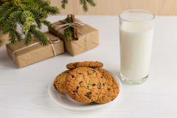 Milk and cookies for Santa Claus under the christmas tree. Concept, copy Space.