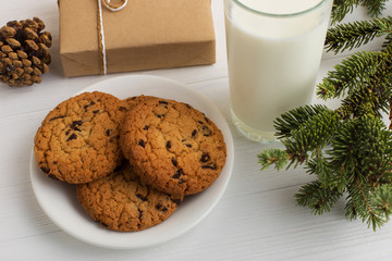 Milk and cookies for Santa Claus under the christmas tree. Concept, copy Space.