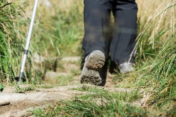 Detail to the shoes of the woman hiking in the woods. Slovakia