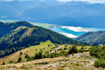 Fototapeta na wymiar Mountain landscape with hiking trail and view of beautiful landscape. Salzkammergut region, Schafberg, Austria.