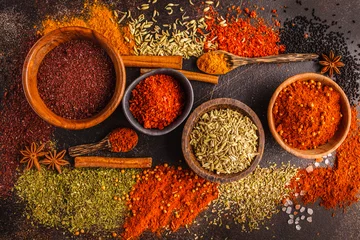 Keuken spatwand met foto Different kind of spices on dark background. © vaaseenaa