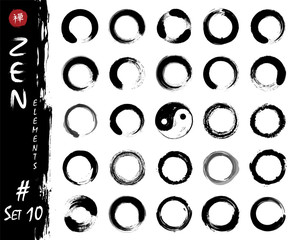 Enso zen circle set elements . Ink grungy watercolor pattern painting design . White isolated background . Vector illustration - obrazy, fototapety, plakaty