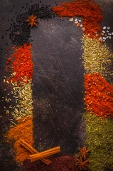Zelfklevend Fotobehang Different kind of spices on dark background. © vaaseenaa
