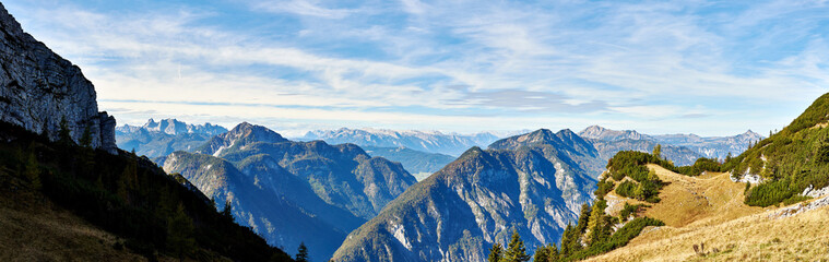 Fototapeta na wymiar A Big panoramic photo of the Austrian alps. Salzkammergut region.