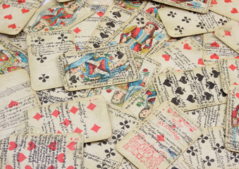 old fortune-telling maps with text explanation of what will happen. Fortune teller woman predicting future from cards