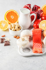 Allergy food concept. Allergies to fish, eggs, citrus fruits, chocolate, mushrooms and nuts.