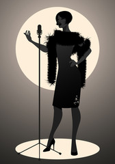 Naklejka premium Silhouette of woman wearing retro style singing in front of a vintage microphone