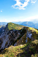 Mountain landscape with forest and blue sky in Austrian Alps. Salzkammergut region