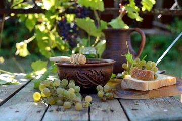 Still life with honey, grapes and white bread