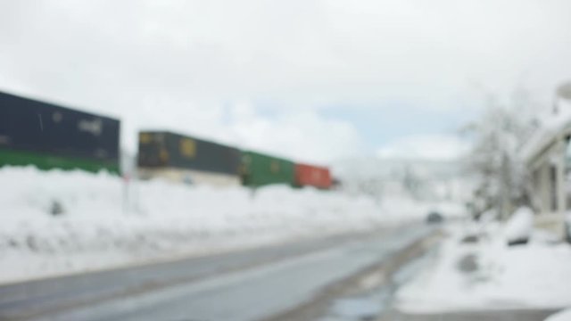 Icy suburban street next to a train for background plate