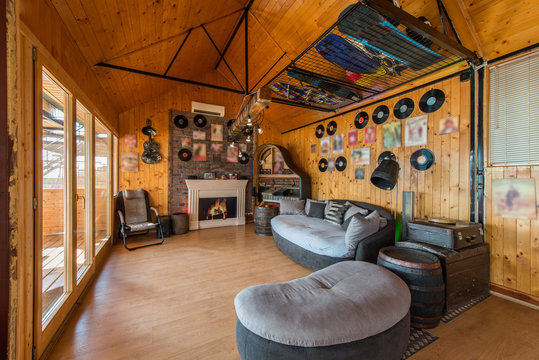 Living room interior of river chalet