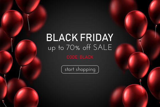Black friday sale promo poster with red glossy balloons.