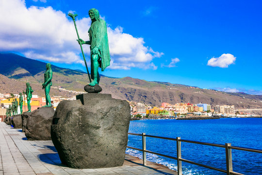 Landmarks of Tenerife - Guanche kings in Candelaria, coastal town, popular tourist attraction. Canary oslands