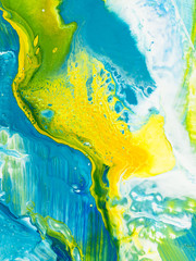 Blue and yellow creative abstract hand painted background, marble texture