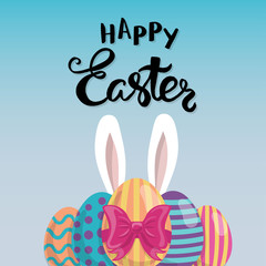 Happy Easter holiday illustration. Easter bunny hiding behind decorated easter eggs. Cartoon style vector illustration.