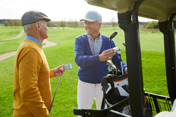 Two cheerful aged buddies in pullovers and caps discussing the forthcoming game of golf while...