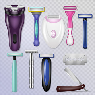 Razor vector realistic sharp blade sharp shaver and personal male shaving equipment illustration hygiene set of woman daily razor-blade bathroom accessory isolated on transparent background