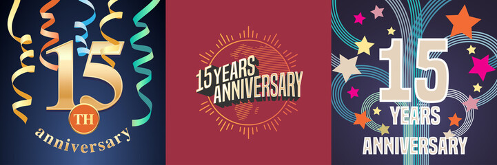 15 years anniversary celebration set of vector icons, logo.