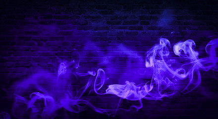 colorful smoke on a black background. Empty background of black brick wall, neon light, smoke.