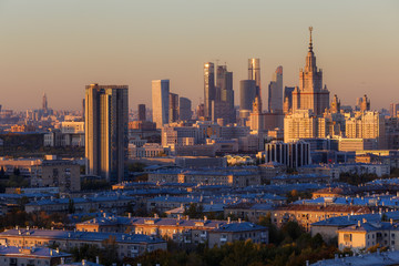 Moscow, Russia, view of Moscow State University and Moscow City business center, at sunset