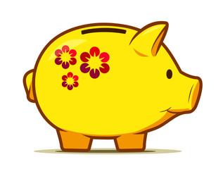 Cute yellow piggy bank with colourful flower design. Drawing of isolated money container in shape of nice pig.