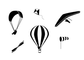 Set of vector icons hot air balloon, paragliding, hang-gliding, windsock, propeller and kite in black color isolated