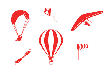 Set of vector icons hot air balloon, paragliding, hang-gliding, windsock, propeller and kite in red color isolated