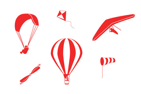 Set of vector icons hot air balloon, paragliding, hang-gliding, windsock, propeller and kite in red color isolated