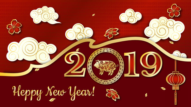 Happy chinese new year 2019 Zodiac sign with gold paper cut art and craft style on color Background.