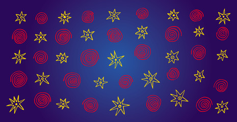 Abstract colorful background. Stars and spirals on a blue substrate. Vector hand drawing.
