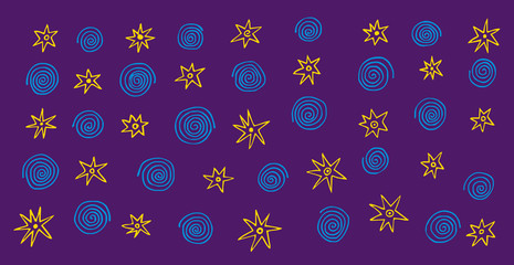 Abstract colorful background. Stars and spirals on a blue substrate. Vector hand drawing.