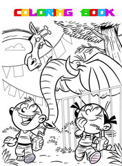 Vector illustration shows how children walk and look at animals in a zoological park. The illustration is made in black and white contour, for a coloring book, in a cartoon style.