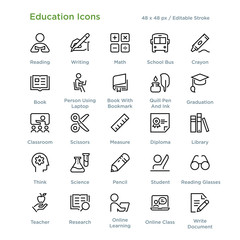 Education Icons - Outline styled icons, designed to 48 x 48 pixel grid. Editable stroke.